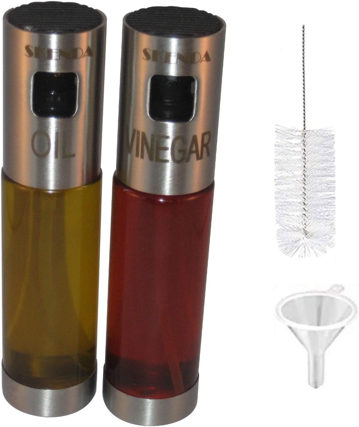Skenda Deluxe Oil and Vinegar Dispensers Replaces Salad Bottles Cruet, Clear Glass Bottles Oil and Vinegar Sprayer Set for Cooking Not Need Pre-Pump Includes Cleaning Brush and Funnel.