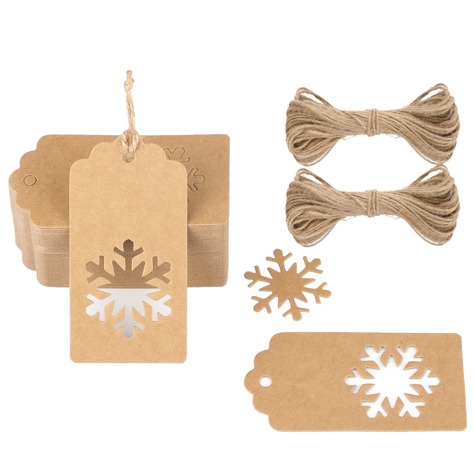 G2PLUS Large Christmas Tags: 5 x 10 cm Brown Xmas Labels for Presents, Snowflake Kraft Paper Tags with String for Gift Wrapping Decorating, 100 pcs