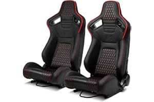 ModifyStreet Pair of All Black PVC + Red Snake Pattern & Rear Carbon Fiber Style leather Reclinable Racing Seats W/Silders