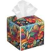 Colorful Boho Florals Tissue Box Cover Square Leather Tissue Case Holder Facial Paper Organizer Decorative for Tabletop Night Stands Desk Bathroom Kitchen Car Office Home Decor