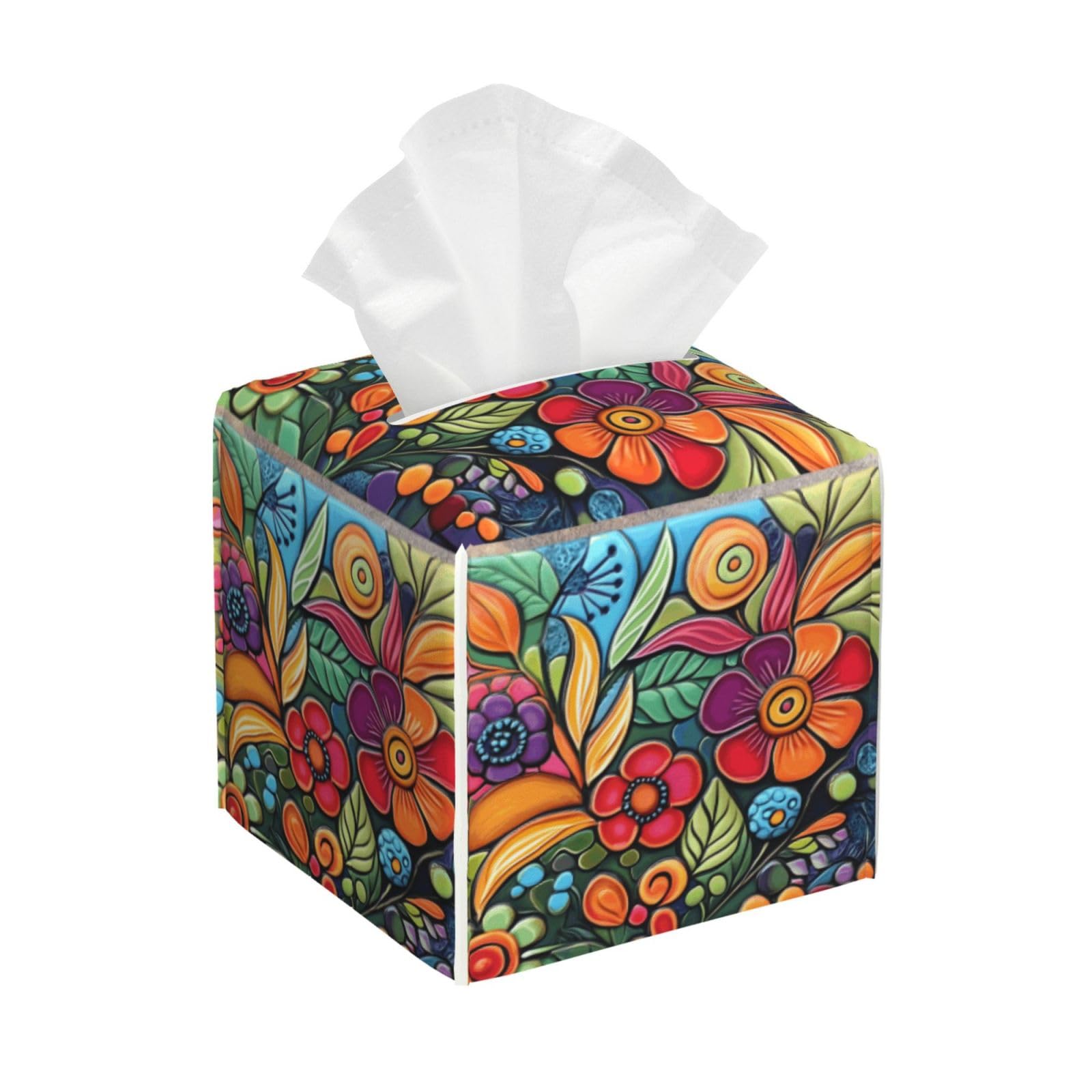 Photo 1 of Colorful Boho Florals Tissue Box Cover Square Leather Tissue Case Holder Facial Paper Organizer Decorative for Tabletop Night Stands Desk Bathroom Kitchen Car Office Home Decor