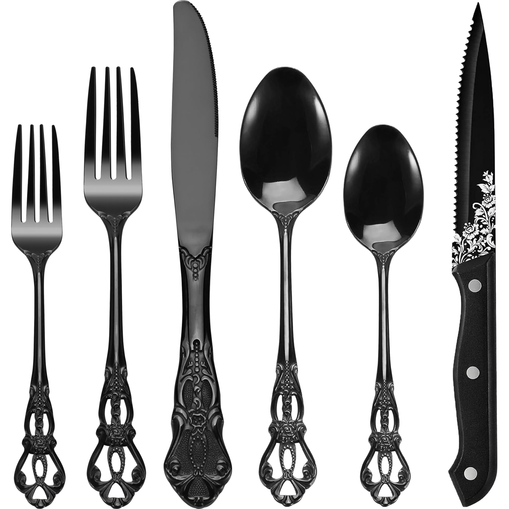 SHEUMNT Gorgeous Retro 48 Pcs Black Silverware Set with Steak Knives, Royal Silverware Set for 8, Stainless Steel Mirror Flatware Cutlery Set, Include Forks Spoons and Knives set, Dishwasher Safe