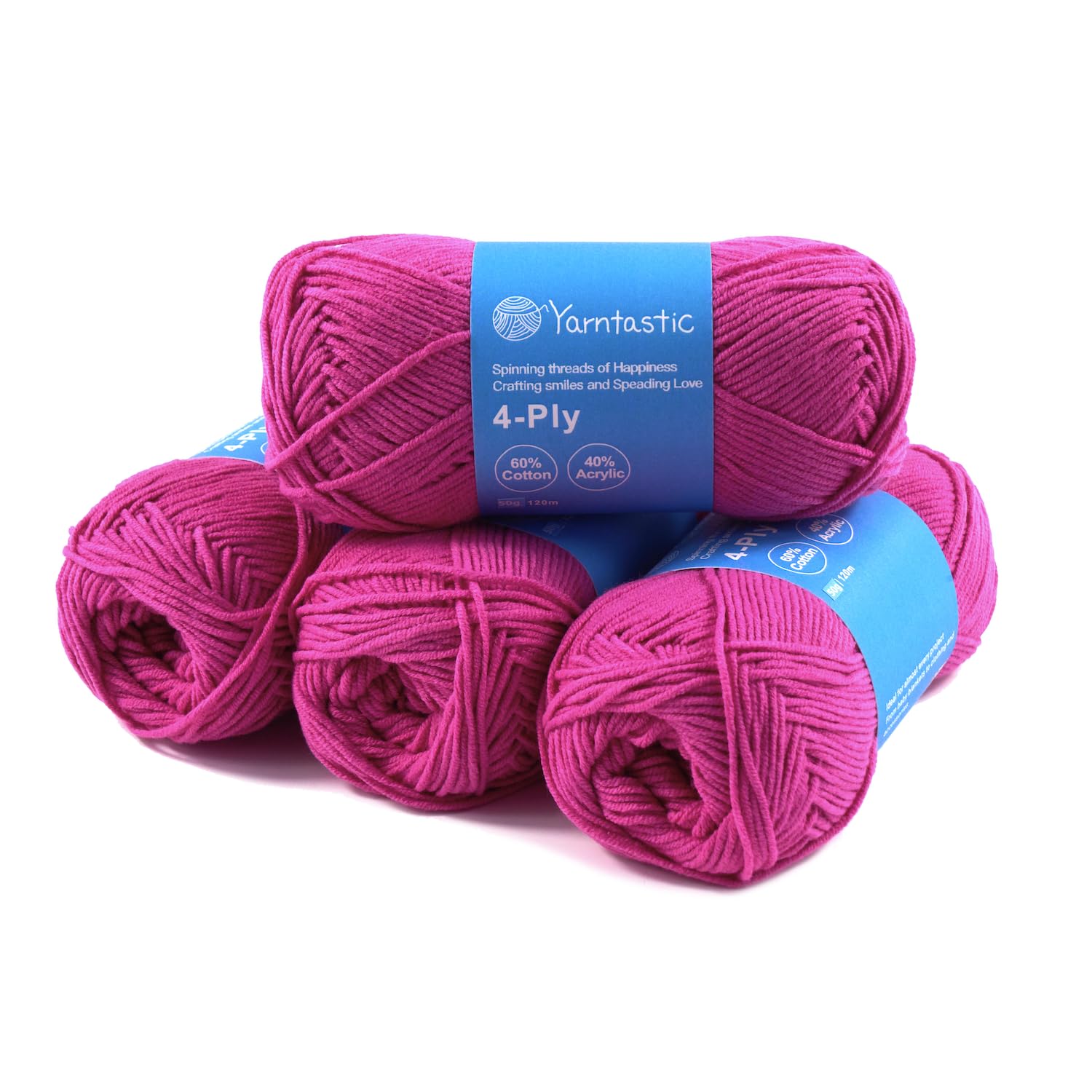 Yarntastic 50g x 4 Balls in a Pack, 4 Ply Yarn, 16 Wraps per inch (About 2.5cm), 60% Cotton 40% Acrylic Blended, 43 Colour Choices; for Knitting, Crochet, Amigurumi, Baby Blanket, Clothing and Others