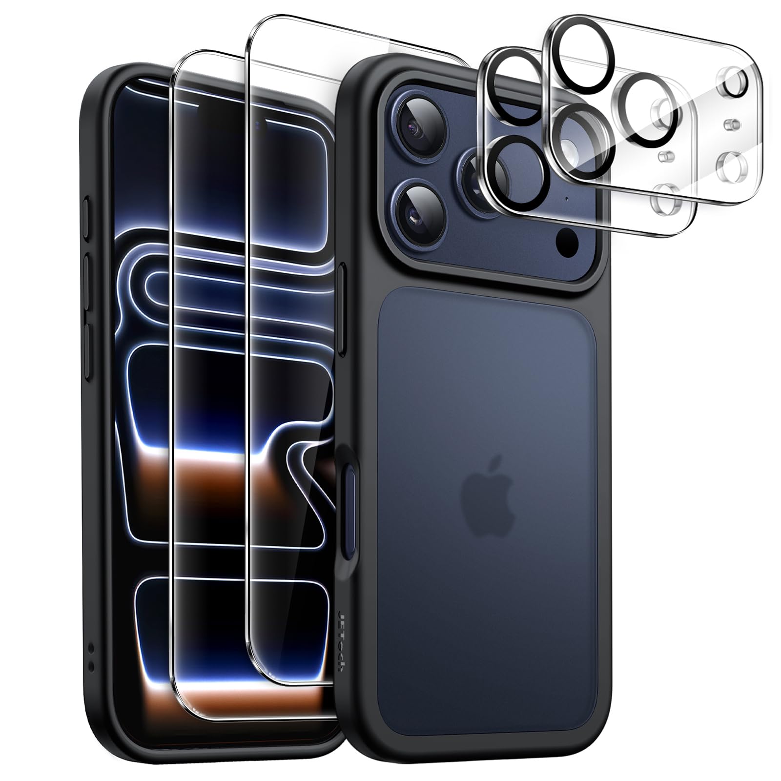 Photo 1 of JETech 5 in 1 Matte Case for iPhone 17 Pro 6.3-Inch with 2-Pack Each Tempered Glass Screen Protector and Camera Lens Protector, Translucent Back Shockproof Phone Cover (Black)