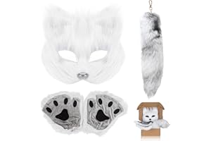 TherianMask Furry Fox Cat Mask & Tail Set - Therian Paws Halloween Costume for Adults