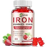 ZHPHK Iron Supplement Gummies, 65mg Iron for Women Men Kids, Natural Vegan Iron Gummy with Folate Gentle on Stomach, Gluten Free, Energy Support & Immune Health, 60 Gummies
