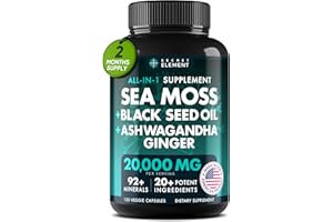 SECRET ELEMENT Sea Moss Black Seed Oil Ashwagandha Ginger 20000MG - Advanced Immune Protection Supplement - Ashwagandha 3000mg and Seamoss Pills Burdock Root Bladderwrack - All-in-1 Multimineral Sea Moss Capsules