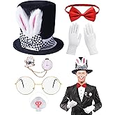 ChristmaxStore 6Pcs White Rabbit Costume Set Include Rabbits Ears Topper Plush Hat Clock Glasses Bowtie Gloves Bunny Nose For Easter Halloween Party Costume