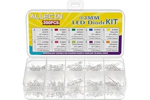 ALLECIN 200PCS 3MM LED Diode Light Assortment Kit 10 Colors White Red Green Blue Yellow Warm White Pink Chartreuse Purple Orange Lighting Bulb Emitting Lamps Diodes Electronics Parts