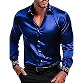 OYOZONE Men's Luxury Satin Dress Shirt Shiny Embroidery Silk Long Sleeve Button Up Shirts Prom Wedding Party Shirt