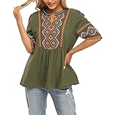 YZXDORWJ Women's Mexican V Neck Peasant Boho Embroidered Blouse Cotton Short Sleeve Tops