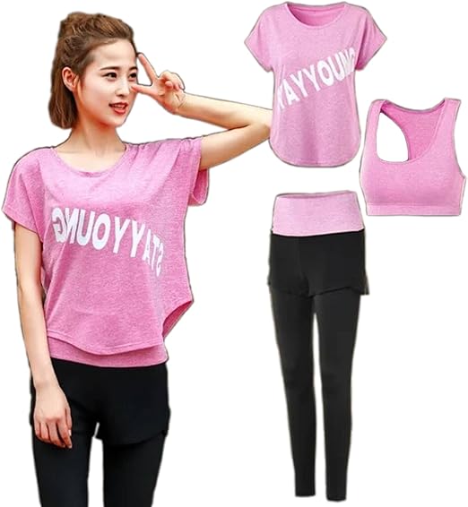 Amazon スポーツ トレーニング ヨガ ウェア レディース ゆったりした 半袖 Tシャツパンツ セット アップ 2点セット 半袖 Tシャツ スポーツブラ レギンスパンツ 3点セット ｓ ｂ ３点セット ピンク 上下セット 通販