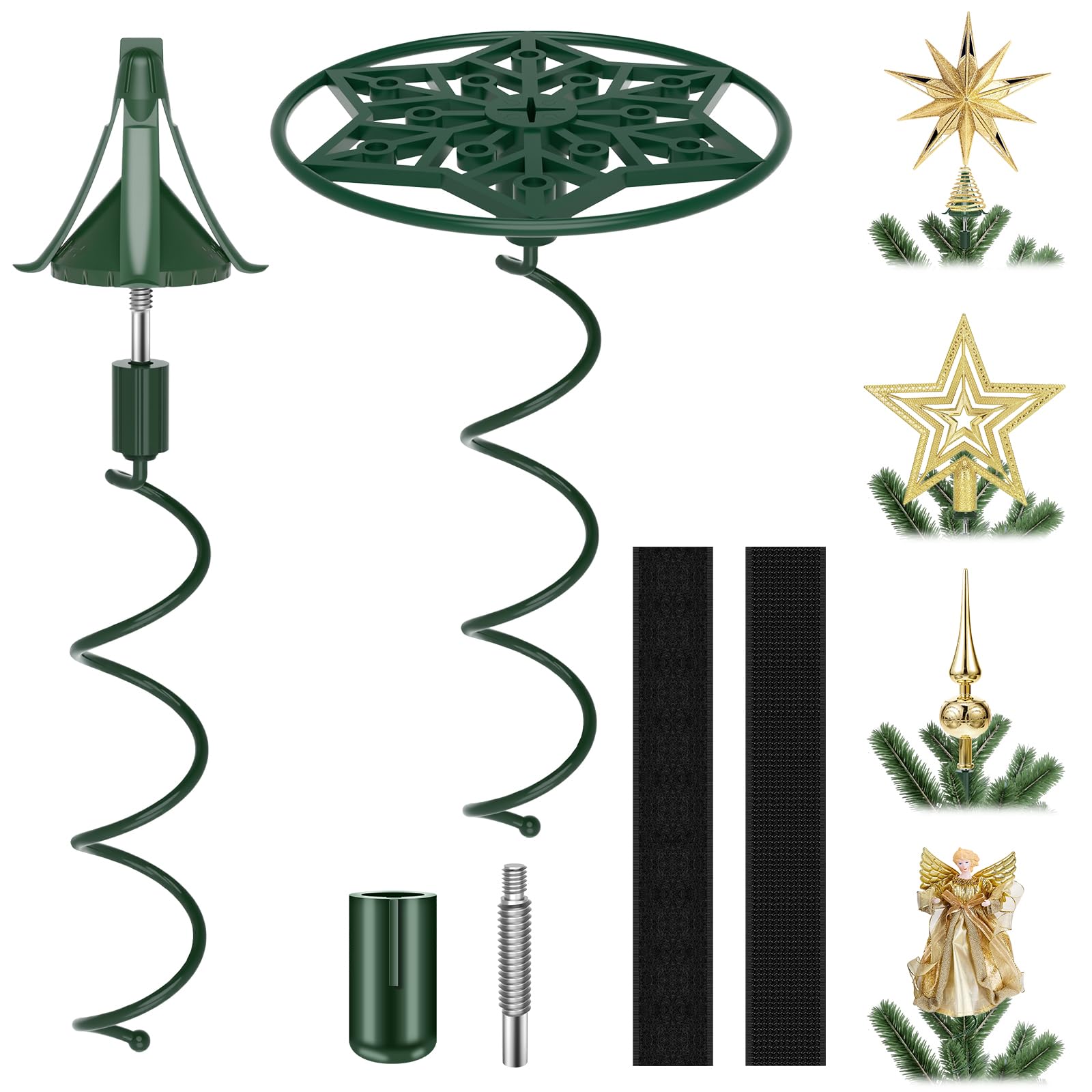 Photo 1 of 2 PCS Christmas Tree Topper Holder, Universal Twist On Tree Topper Stabilizer Fits All Base Types, Metal Green Support Rod with Adjustable attachments to stabilize Seasonal Treetop Ornaments