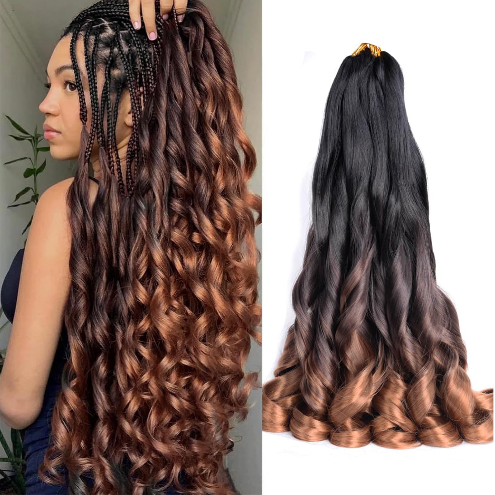 French Curl Braiding Hair 24 Inch 8 Packs Pre Stretched Loose Wave Bouncy Braiding Hair Spanish Curly Ends Synthetic Hair Extensions for Braiding(1B/33/30）