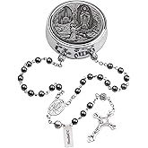 HanlinCC Lourdes Virgin Mary Hematite Black Stone Beads Catholic Rosary Necklace with Steel Gift Box for Men and Women