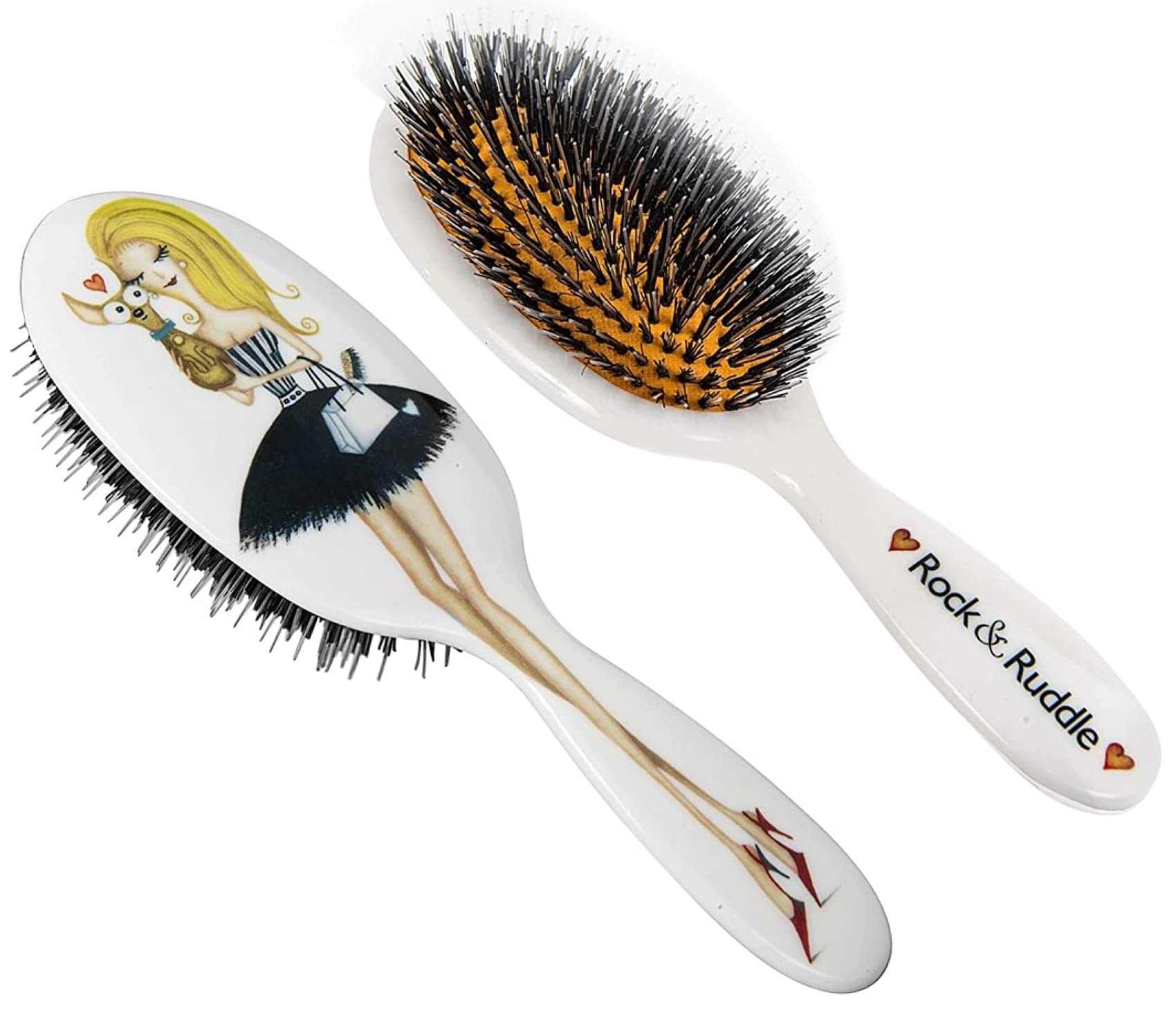 Rock & Ruddle Natural Mixed Boar Bristle Hair Brush for Women and Kids (Large, 21cm) - Perfect for Wet or Dry Hair, Detangling Smoothing Blowdrying - Designed & Made in UK - Miss Daisy Evening Design