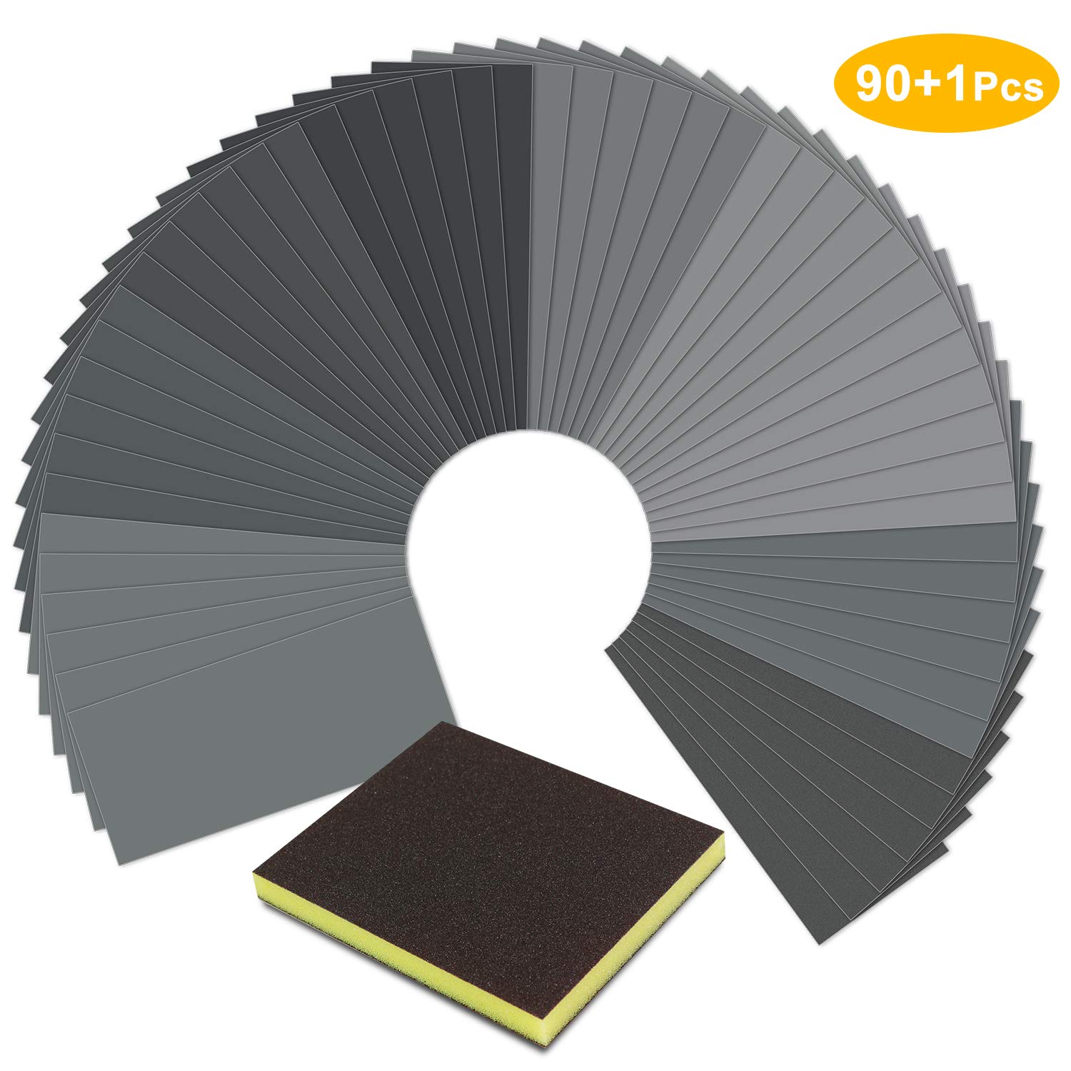 Sandpaper，Wet Dry Waterproof Sand Paper with Sanding Sponge, 90 Pcs 400 to 3000 Grit Sanding Paper 9x3.6 Inch for Automotive Polishing - Wood Furniture Finishing - Metal Sanding by SKOCHE (90 Pcs)