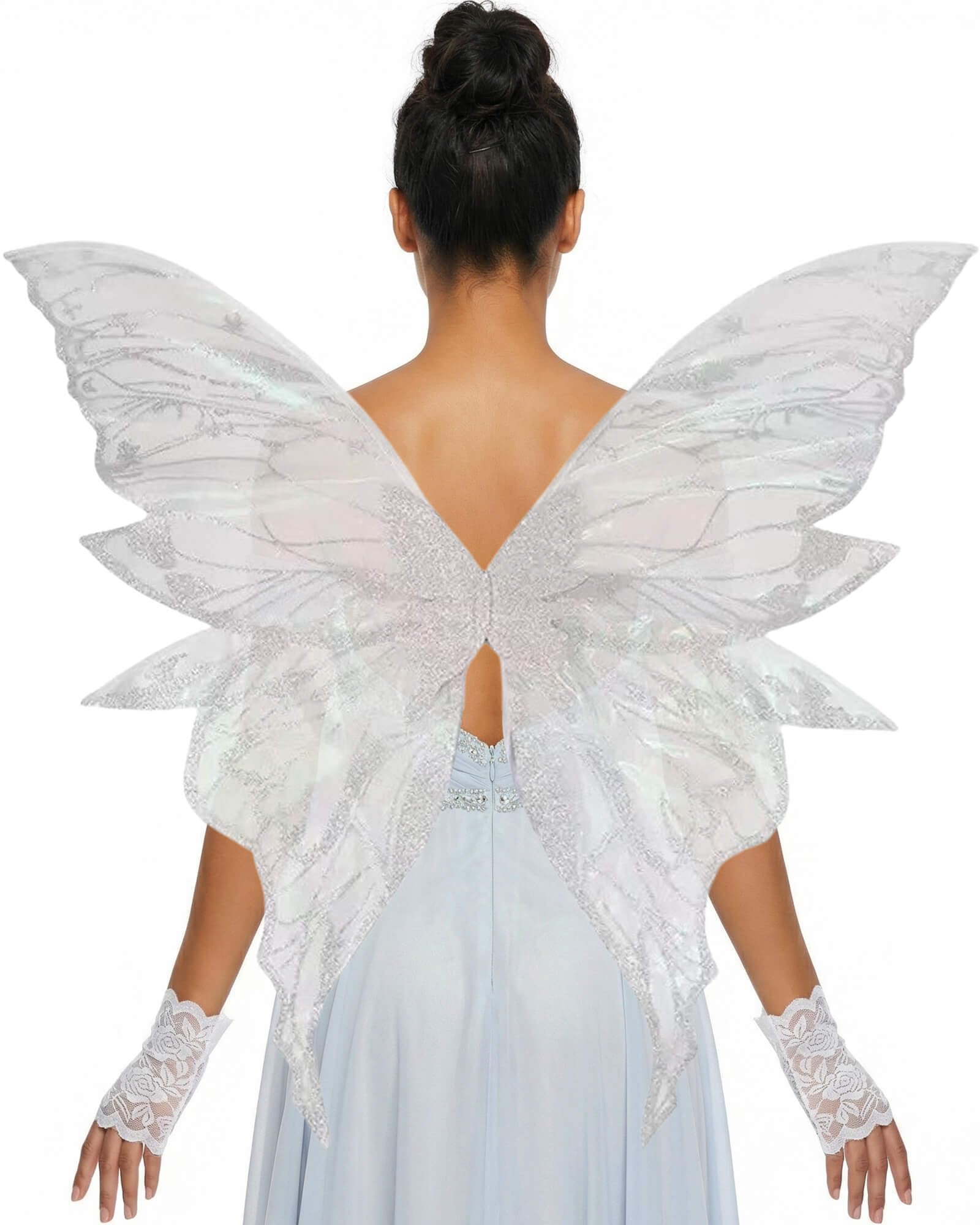 Photo 1 of YKW Fairy Wings for Adult Women,31.5"x29" Butterfly Cosplay Wings with Lace Gloves,Organza Costume Wings for Halloween Party (White (White + Silver))