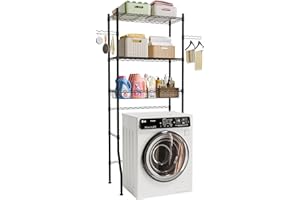 WHITMOR Laundry Room Storage Shelf, 3 Tier Metal Over Washer and Dryer Shelves, Adjustable Washing Machine Shelf with Basket & Hanger Rods, Bathroom Space Saver Shelf, 29.5" L x 17.7" W x 71.2" H, Black