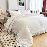 AIKASY White Comforters King Size Set, Vintage Boho Chic Farmhouse Bedding Sets Shabby Ruffle Queen Bed Comforter Bedding 3PCS(1 Comforter and 2 Pillowcases)