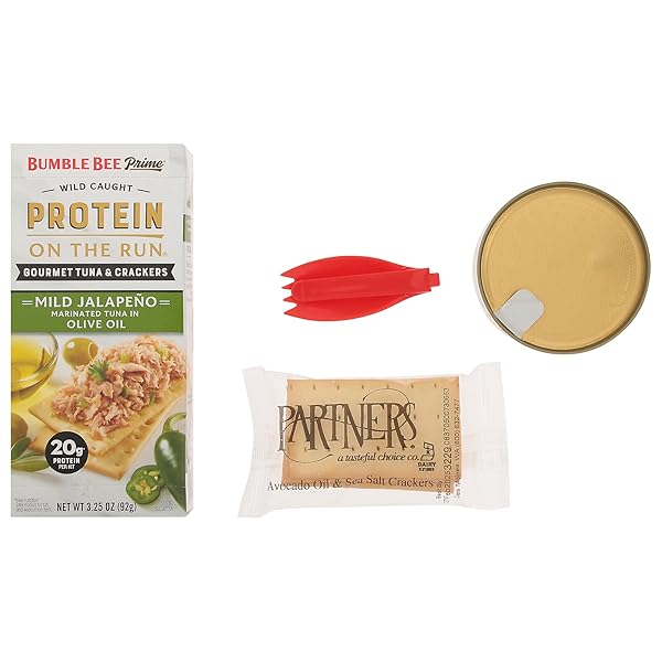 BUMBLE BEE PRIME PROTEIN ON THE RUN TUNA SNACK KIT – GOURMET TUNA MARINATED IN OLIVE OIL & MILD JALAPENO WITH CRACKERS AND SERVING UTENSIL – 20G OF PROTEIN PER SERVING