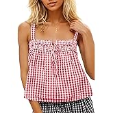 Women Y2K Tie Front Gingham Crop Tank Tops Square Neck Sleeveless Plaid Camisoles Summer Cute Backless Shirred Vest Shirt