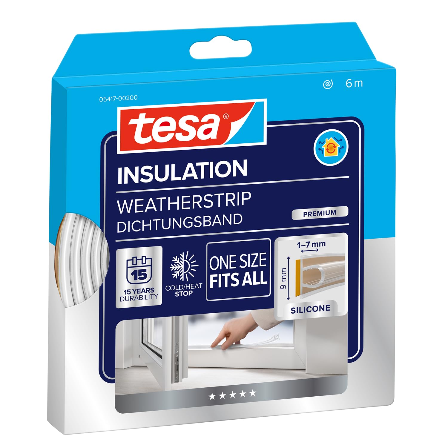tesa INSULATION Weatherstrip Premium - Sealing Tape - Self-adhesive Silicone Seal for Insulating gaps on windows and doors - Transparent - 6 m x 9 mm x 7 mm