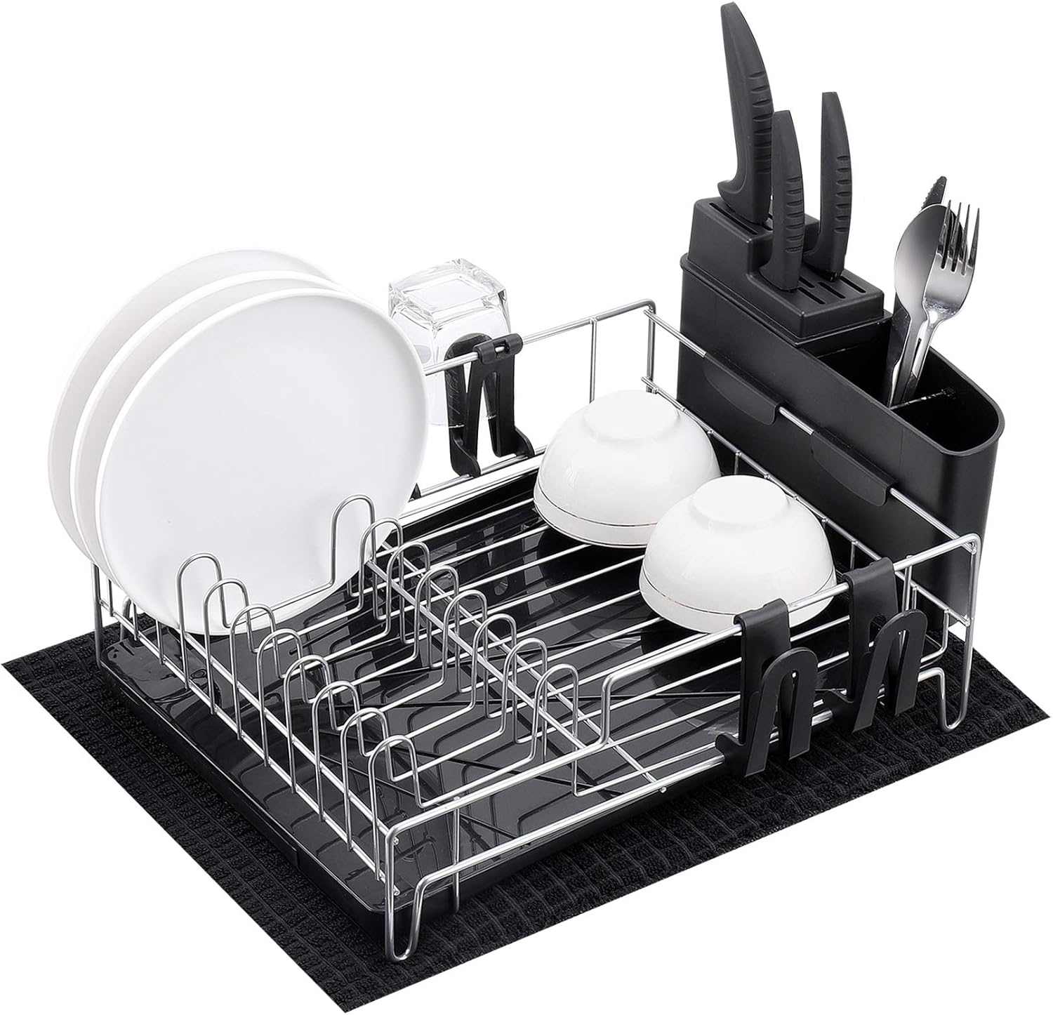 alvorog Dish Drainer Dish Rack with Cutlery Basket and Drip Tray for