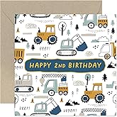Old English Co. 2nd Birthday Card for Boy or Girl - Fun Truck Digger Birthday Card for Child - Second Birthday Card for Him or Her - Age Two Construction Vehicle Birthday Card | Blank Inside Envelope