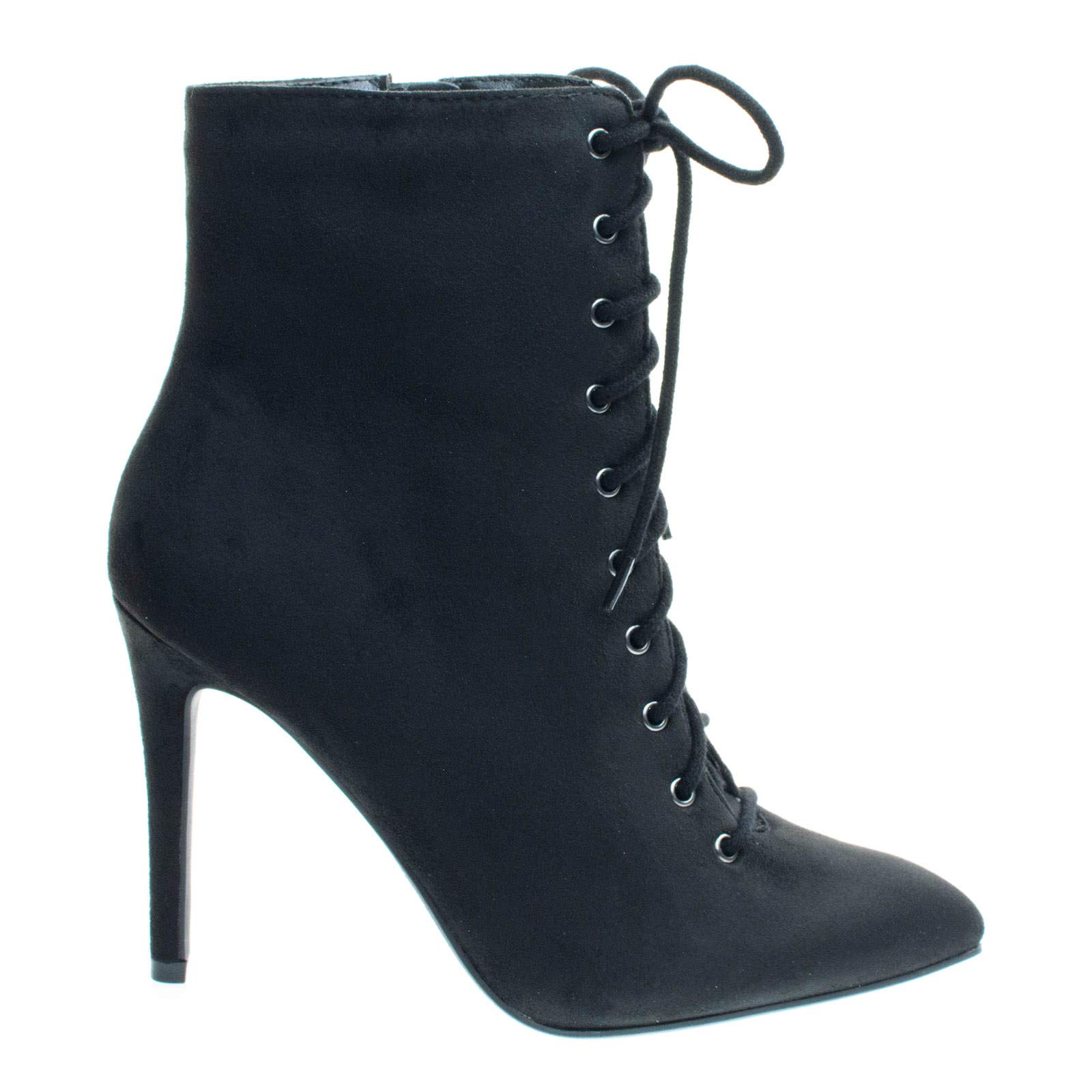 Stain High Heel Combat Lace Up Ankle Bootie w Pointed Toe & Corset Black Pu / Black / 8.5