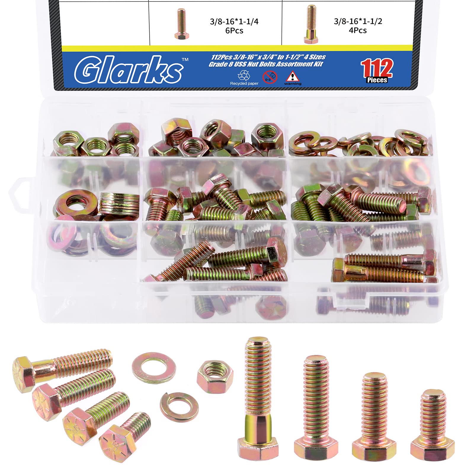 Glarks 112Pcs Grade 8 3/8"-16 Nut Bolt Washer Assortment Including 28Pcs Hex Nuts, 28Pcs Flat Washers, 28Pcs Lock Washers and 28Pcs Heavy Duty Hex Bolts