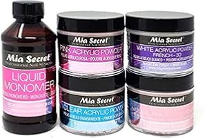 MIA SECRET 4 oz LIQUID MONOMER + Acrylic Powders Set - Pink 2 oz, Clear 2 oz, 3D White 2 oz & Multibalance Pink 2 oz