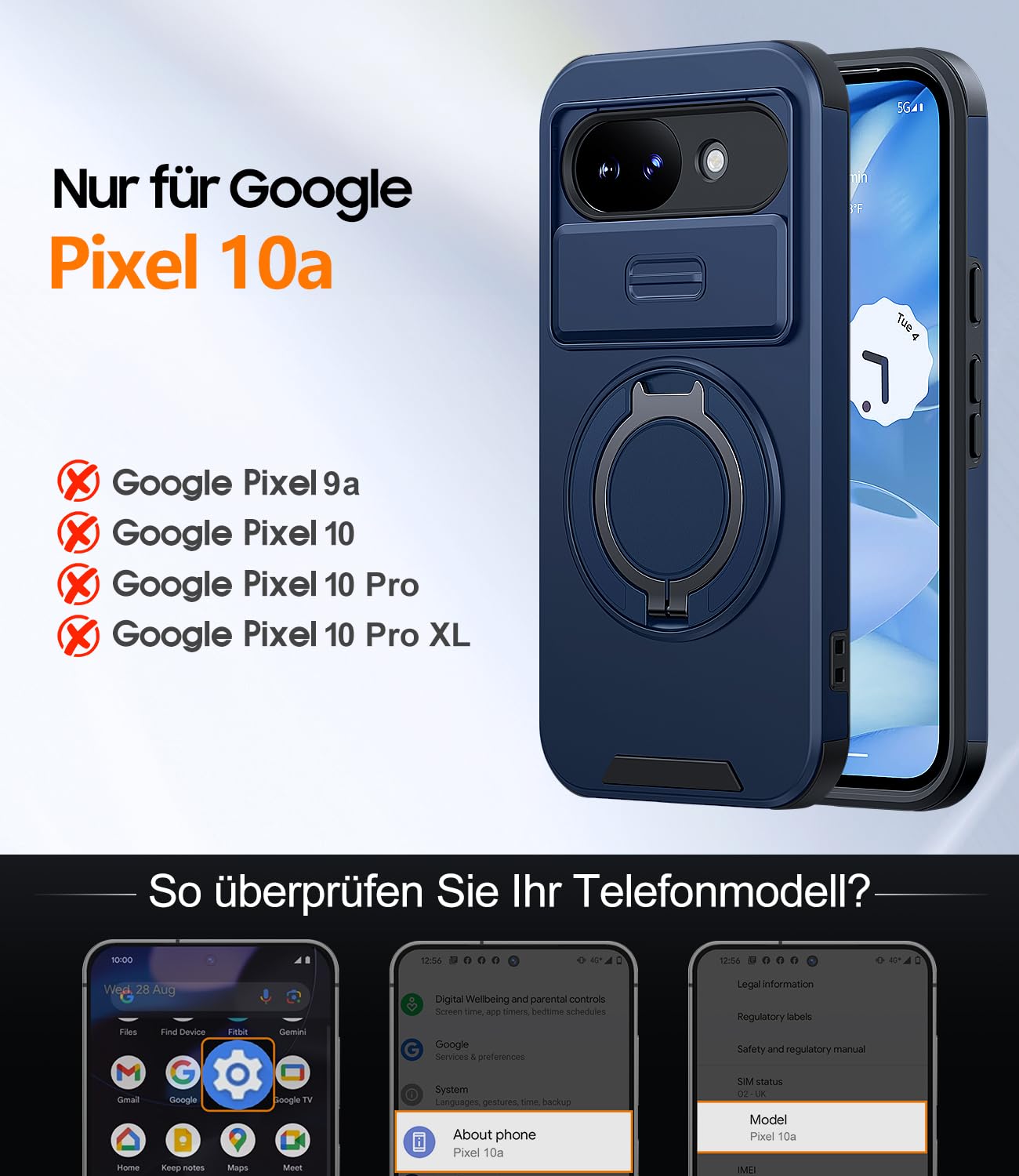 AOUIA für Google Pixel 10A Hülle mit 2X Panzerglas, Kameraschutz, 360° Ringständer, Unterstützt kabelloses Laden, Stoßfest nach Militärstandard Handyhülle für Pixel 10A, Blau 7