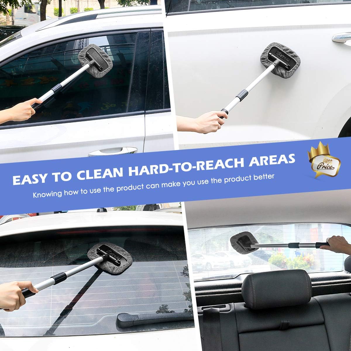 AstroAI Car Window Cleaner, 8 Reusable and Washable Microfiber Pads, Windshield Cleaning Tool with Telescopic and Extendable Handle Auto Inside Glass Wiper Kit, Gray, 2 Pack: Automotive