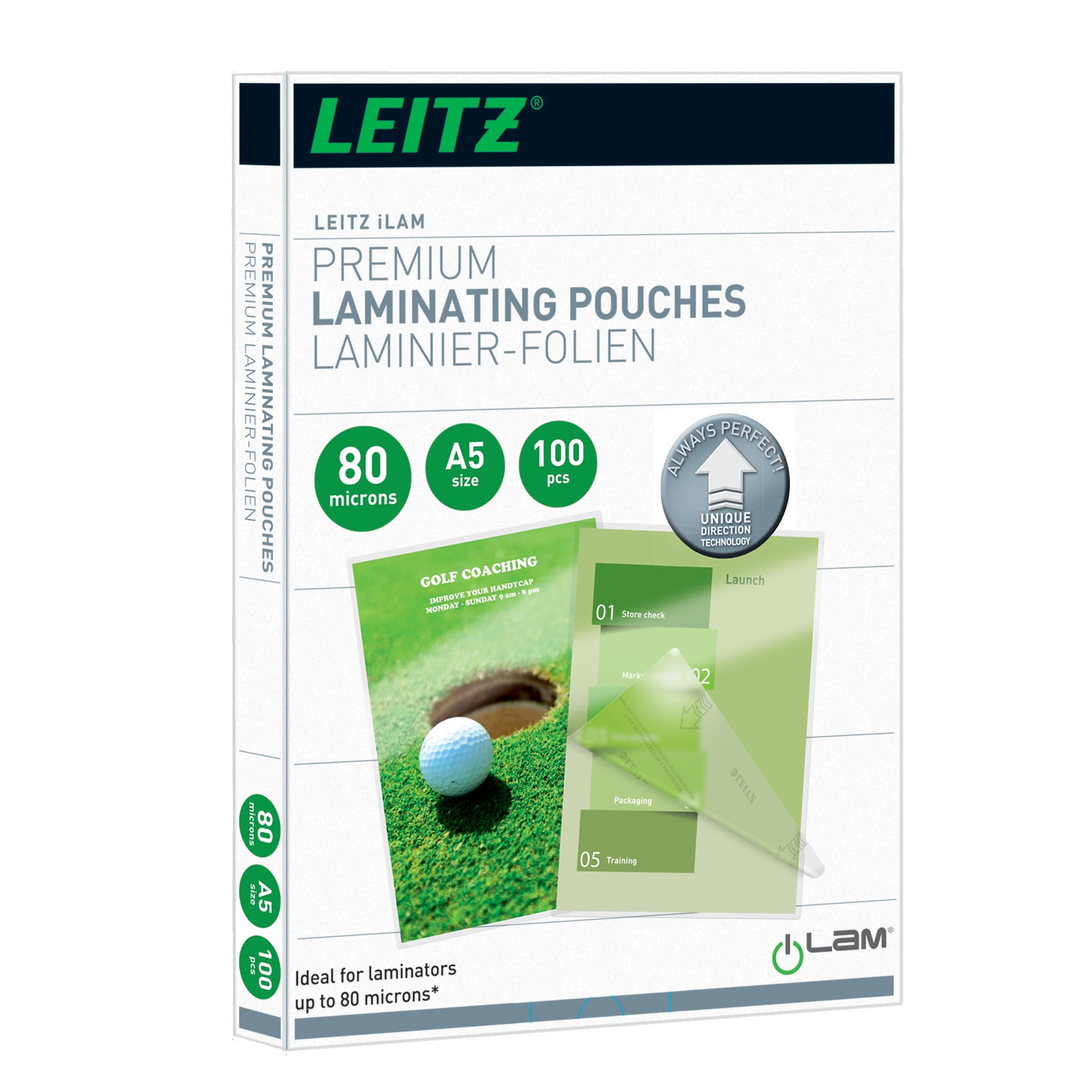 Leitz 749200000 Laminating Pouches Made of 80 Micron Thick Material (Transparent, Glossy, A5 and UDT) - Pack of 100
