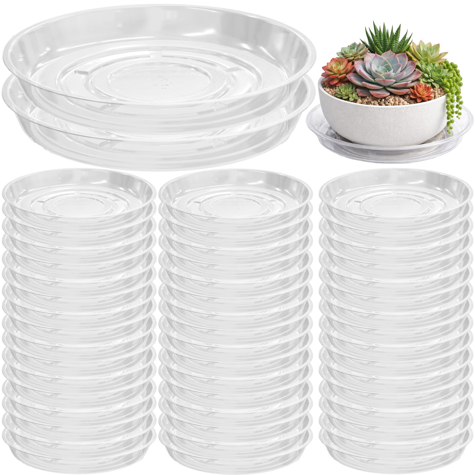 50 Packs 10" Clear Plant Saucers for Indoor Outdoor Use Heavy Duty Plastic Plant Trays for Planter Flower Pot Drip Trays to Catch Water, Bulk 4 to 20 Inch, Round Transparent Image