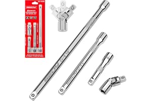 4-Piece 3/8" Drive Socket Extension Bar Set, Professional Socket Extension Set Include 3, 6, and 10 Inch Extensions and 3/8 Inch drive Universal Joint Sockets, Premium Cr-V Steel Construction