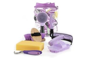 GINDOOR 9 Pieces Grooming Kit with Tote Bag, Sweat Scraper, Sponge, Hoof Pick, Curry Comb for Horse Riders Beginners (Purple)