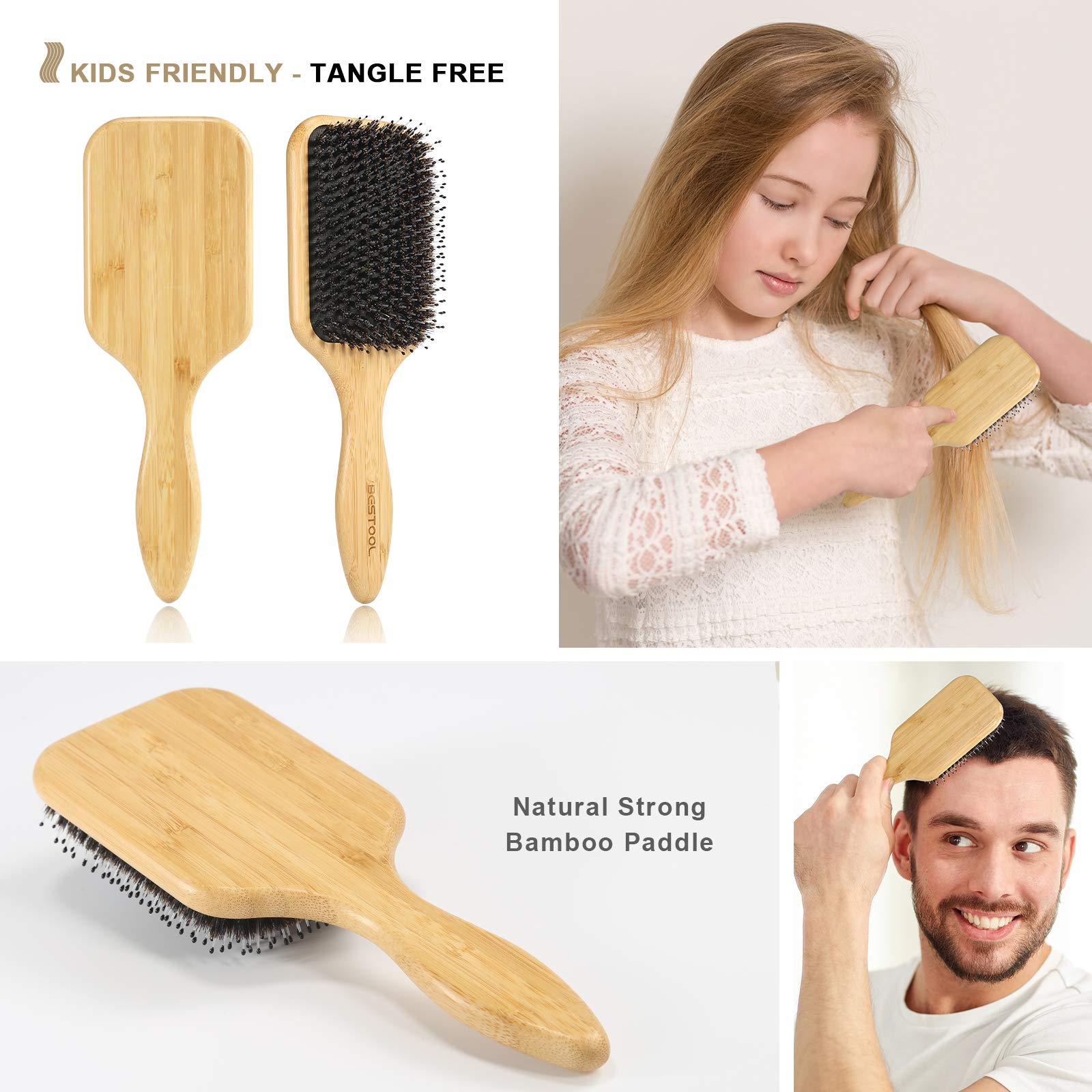 Hair Brush, BESTOOL Boar Bristle Hair Brushes for Women Men Kids