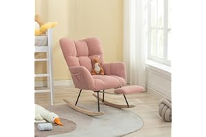 FOXHUNTER Nursery Teddy Upholstered Glider Rocker with Adjustable Footrest, High Backrest Padded Recliner Reading Chair (Pink)
