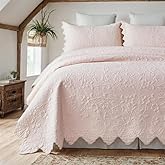 Brandream Queen Size Quilt Set Cotton Light Pink Quilts Cottagecore Bedding Set Matelasse Coverlet Set Scalloped Edge Quilts 3-Piece