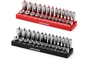AIRTOON 1/4-Inch Drive Socket Organizer Trays, 2-Piece SAE and Metric Socket Tray Set, Deep and Standard Socket Holders Organizers for Toolbox, Black & Red