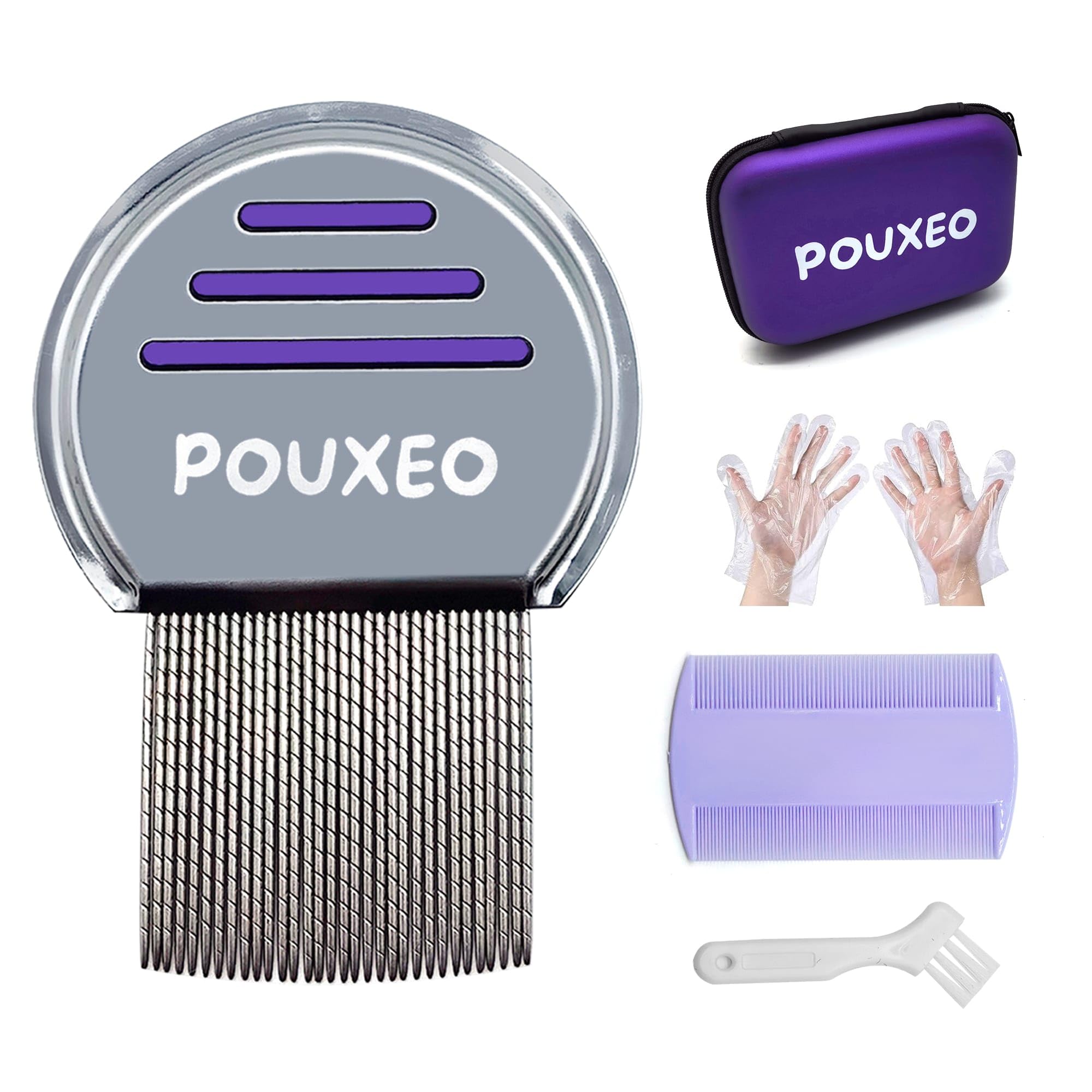 POUXEO Anti Lice and Nits Kit | All Hair Types | Ideal for Children | 5 Items | Professional Stainless Steel Lice Comb | Fine Detangling Comb | Gloves | Cleaning Brush | Pouch
