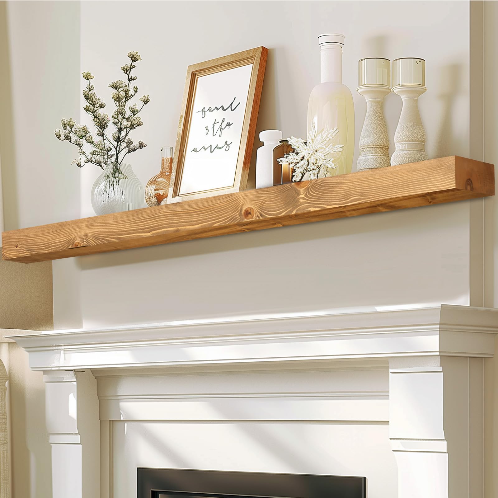 Photo 1 of ABSWHLM 72x7x3 Fireplace Mantel - Solid Rustic Wood - Wall Mounted Floating Shelf with Invisible Heavy Duty Steel Bracket (Natural Wood)