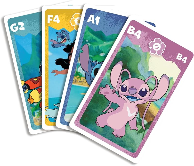 – Gioco di carte 4 in 1 Stitch - 7 famiglie, battaglia, memo e azione - Gioco di carte Disney Lilo & Stitch per bambini, famiglia e amici - a partire da 4 anni, a partire da 2 giocatori