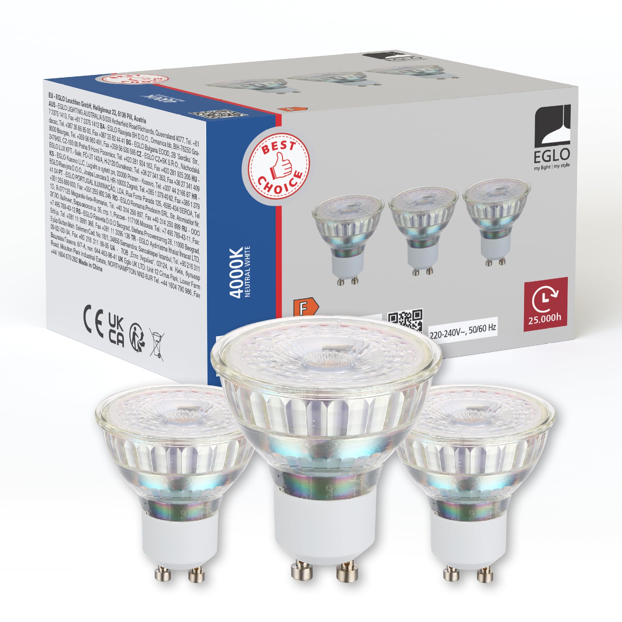 Eglo GU10 Set of 3 Light Bulb, Reflector Spots, Lightbulbs 4.5 watts Each (Equivalent to 30 watts), Neutral White Light Source, 4000 K, Bulb Ø 5 cm