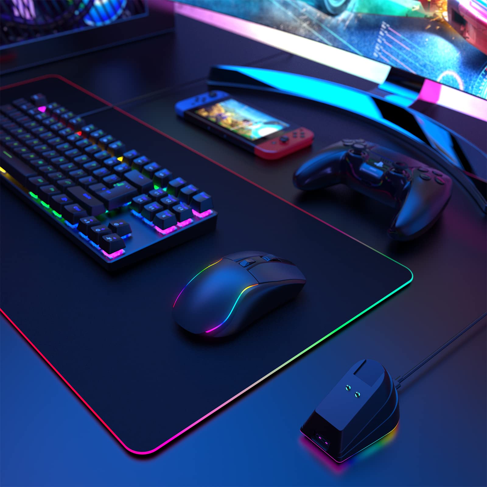 RisoPhy Lightweight Wireless Gaming Mouse, 20000 DPI Wired/Wireless Mouse with RGB Charging Dock, 6 Programmable Buttons, RGB Bluetooth Mouse for PC/Mac/Laptop Gamer-Black