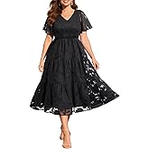 Pinup Fashion Plus Size Fall Wedding Guest Dress - Long Sleeve V Neck Floral Lace Smocked Flowy Tiered Midi Dress