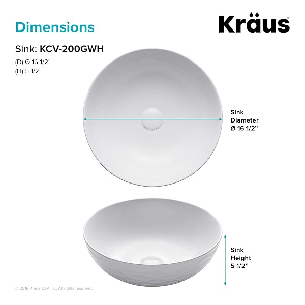KRAUS VIVA™ ROUND WHITE PORCELAIN CERAMIC VESSEL BATHROOM SINK, 16 1/2 IN. D X 5 1/2 IN. H, KCV-200GWH