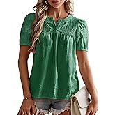 Falechay Womens Tops V Neck Short Sleeve Blouses Casual Flowy Button Up Shirts Embroidered Lace Boho Clothing Trendy